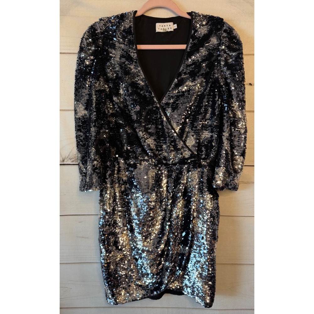 Tanya Taylor Black Silver Sequin Ombre Wrap V-Neck Mini Dress Size 2